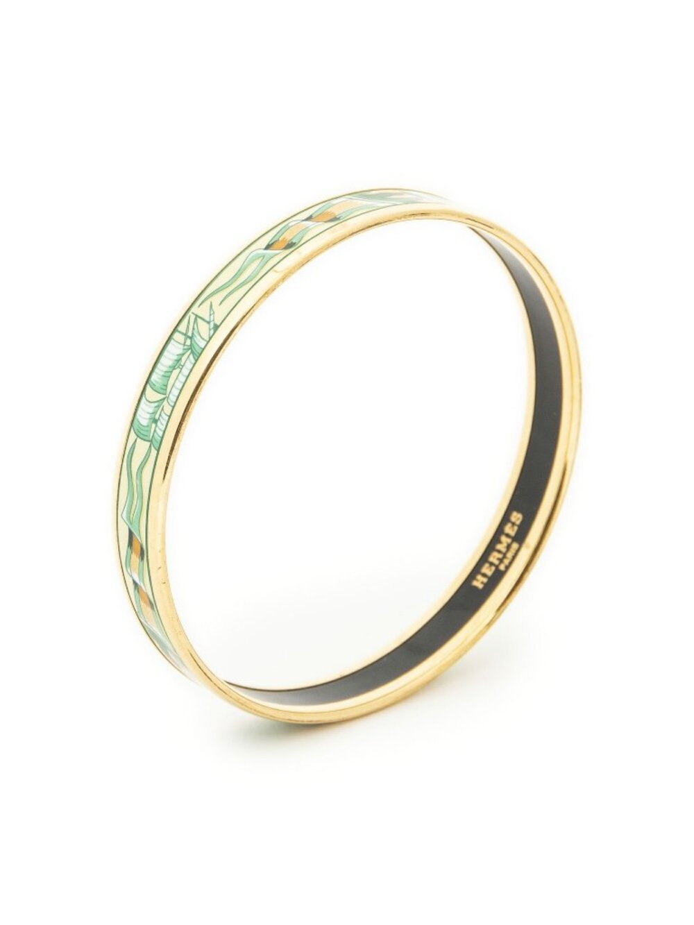 Hermes Enamel Bangle Green Yellow White Flag Motif Bracelet